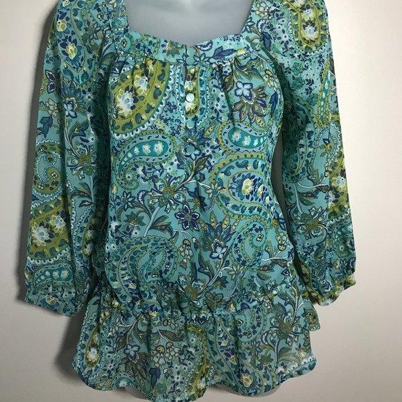 Apt. 9 Tops - 3/$30 Apt 9 Paisley Green&Blue Smocked Blouse